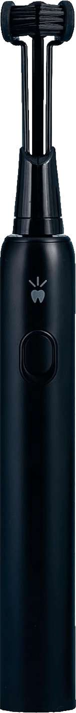 Black electric toothbrush with dual U-shaped rotating brush heads.